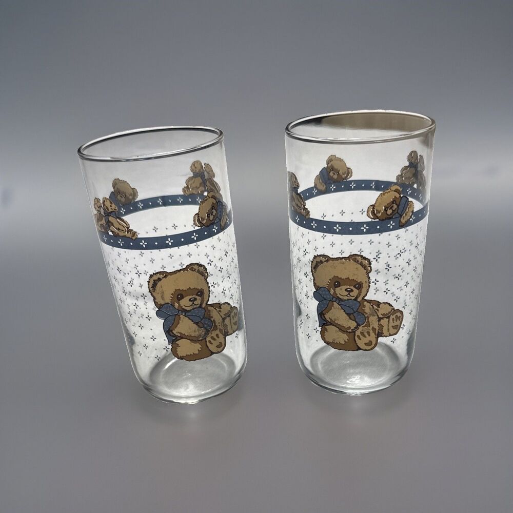 Vintage Libbey Tienshan Theodore Country Bear Tumblers Drinking Glasses~Set of 2